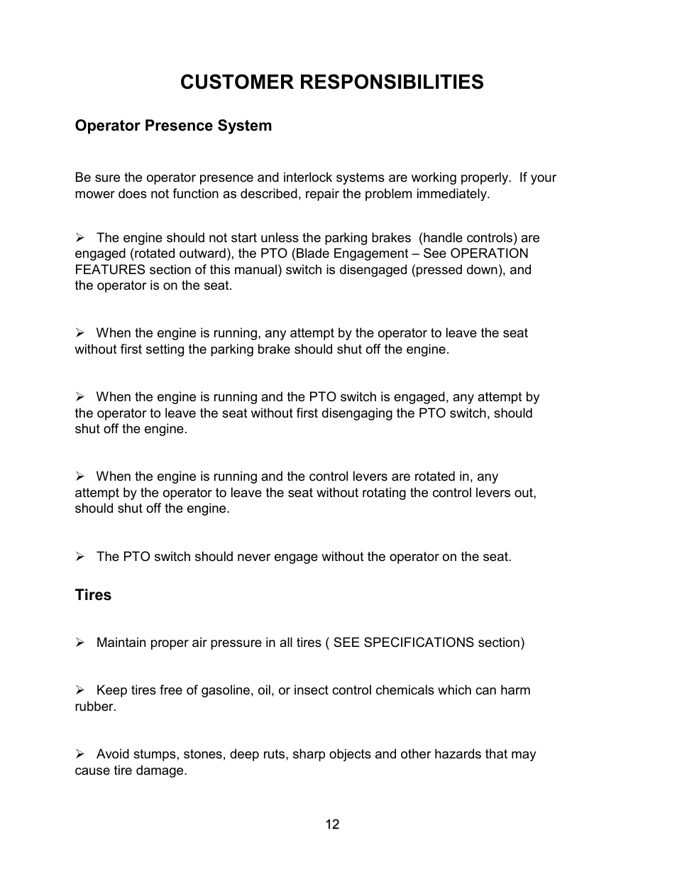 Customer responsibilities | Swisher ZT2560 User Manual | Page 12 / 40