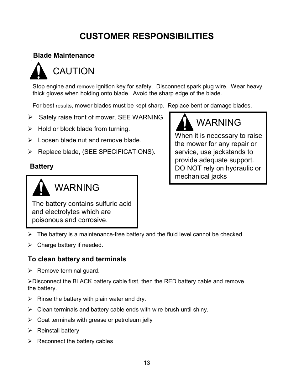 Warning, Caution, Customer responsibilities | Swisher ZT2560 User Manual | Page 13 / 40