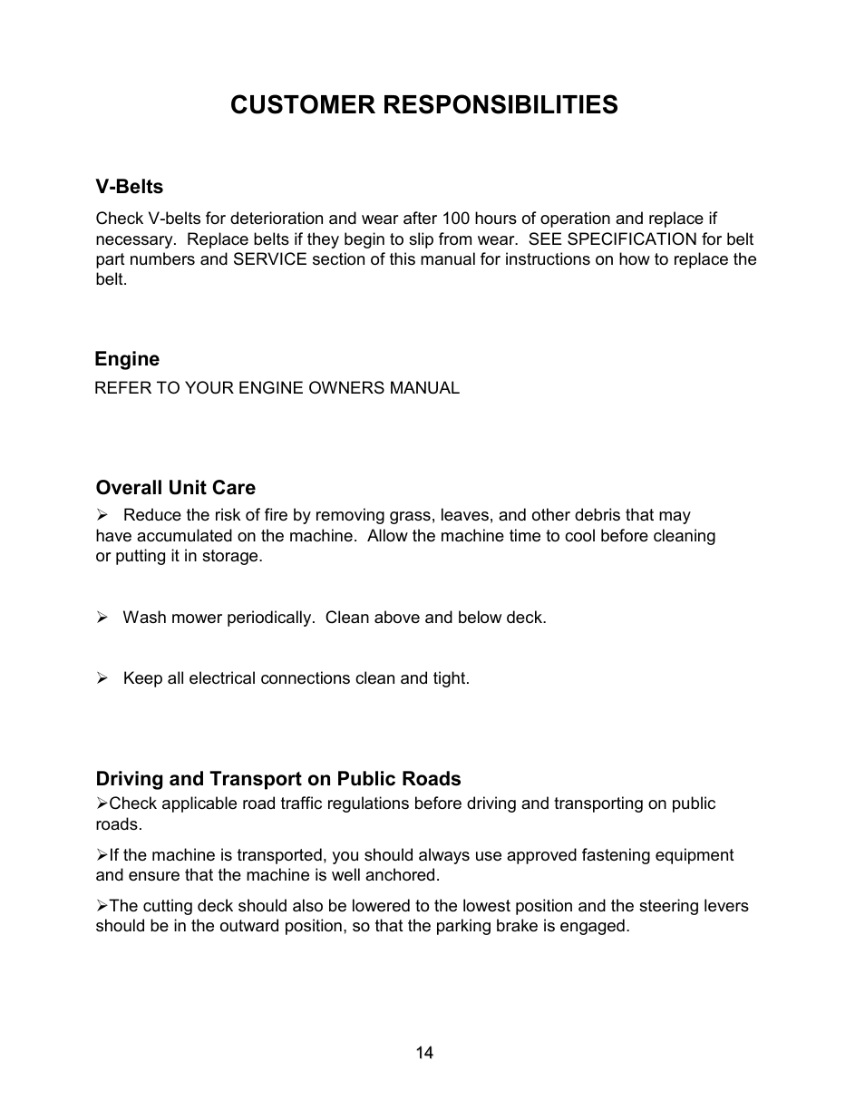 Customer responsibilities | Swisher ZT2560 User Manual | Page 14 / 40