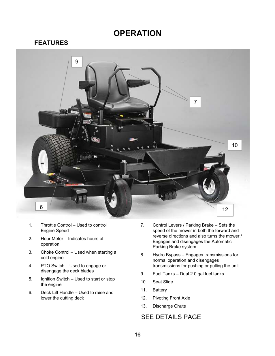 Operation, Features, See details page | Swisher ZT2560 User Manual | Page 16 / 40