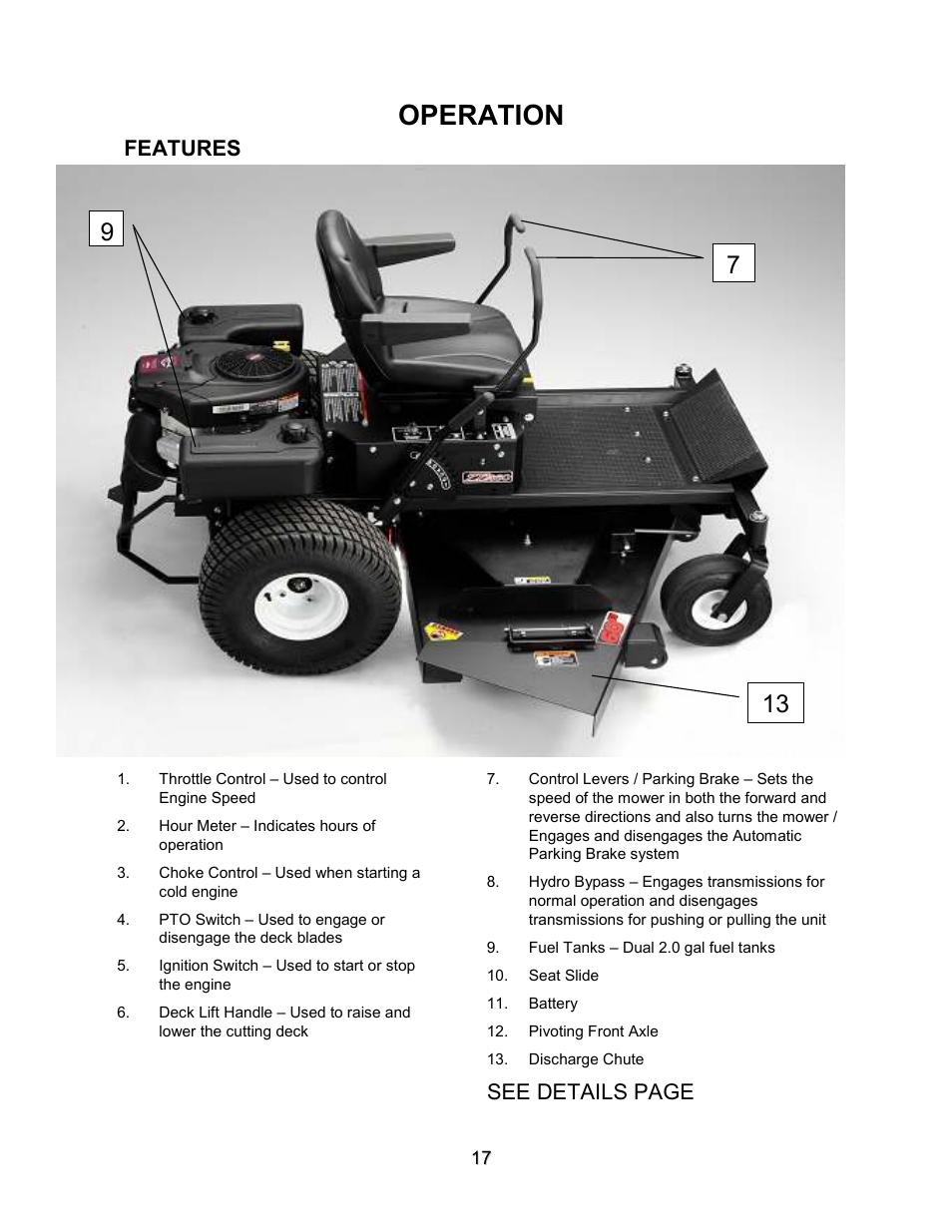 Operation, Features, See details page | Swisher ZT2560 User Manual | Page 17 / 40