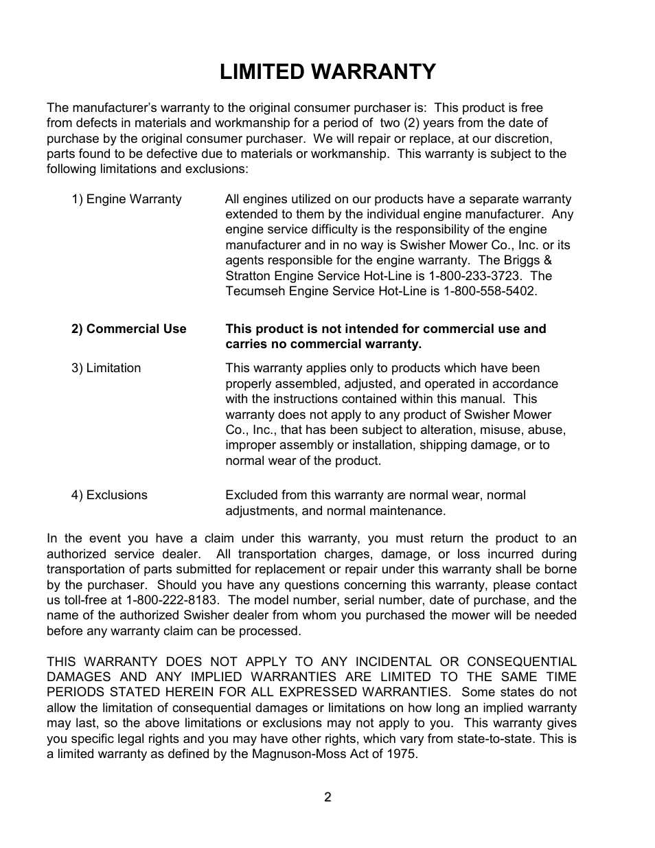 Limited warranty | Swisher ZT2560 User Manual | Page 2 / 40