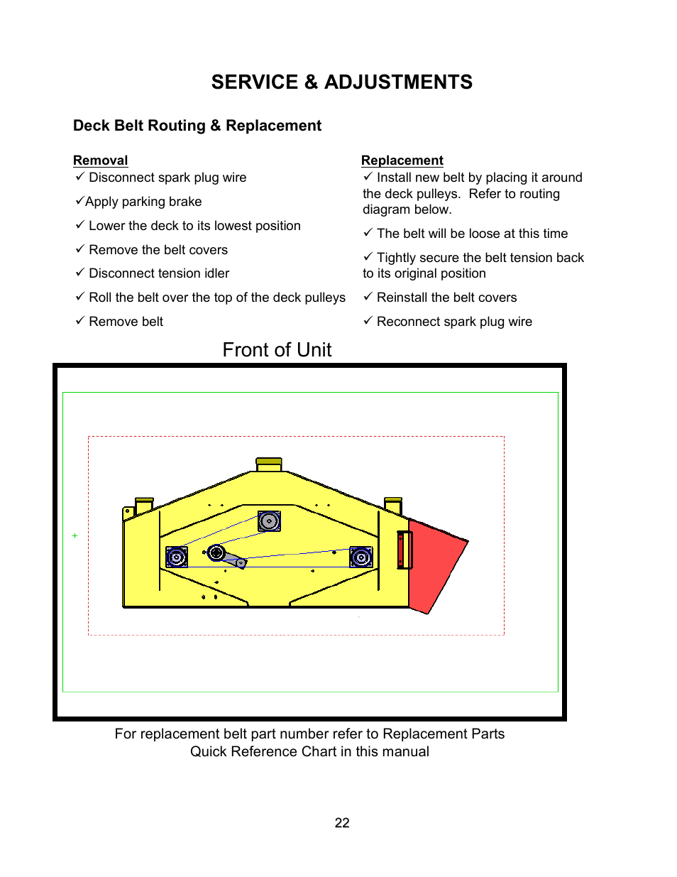 Service & adjustments, Front of unit | Swisher ZT2560 User Manual | Page 22 / 40