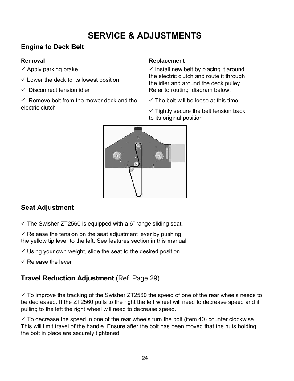 Service & adjustments | Swisher ZT2560 User Manual | Page 24 / 40