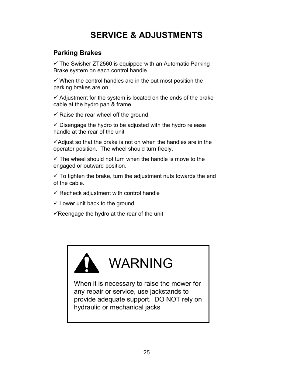 Warning, Service & adjustments | Swisher ZT2560 User Manual | Page 25 / 40
