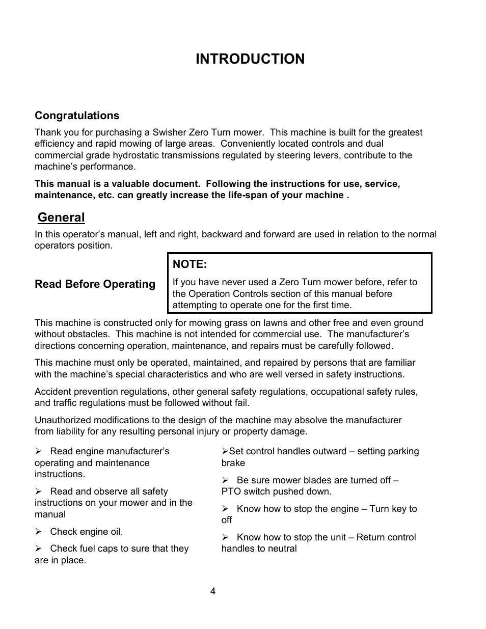 Introduction, General | Swisher ZT2560 User Manual | Page 4 / 40