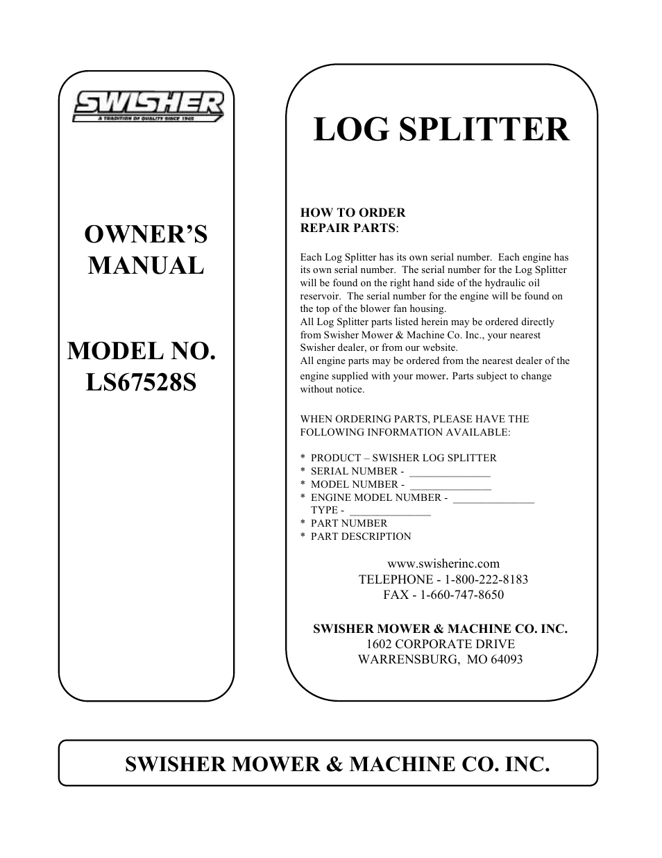 Log splitter, Swisher mower & machine co. inc | Swisher LS67528S User Manual | Page 12 / 12