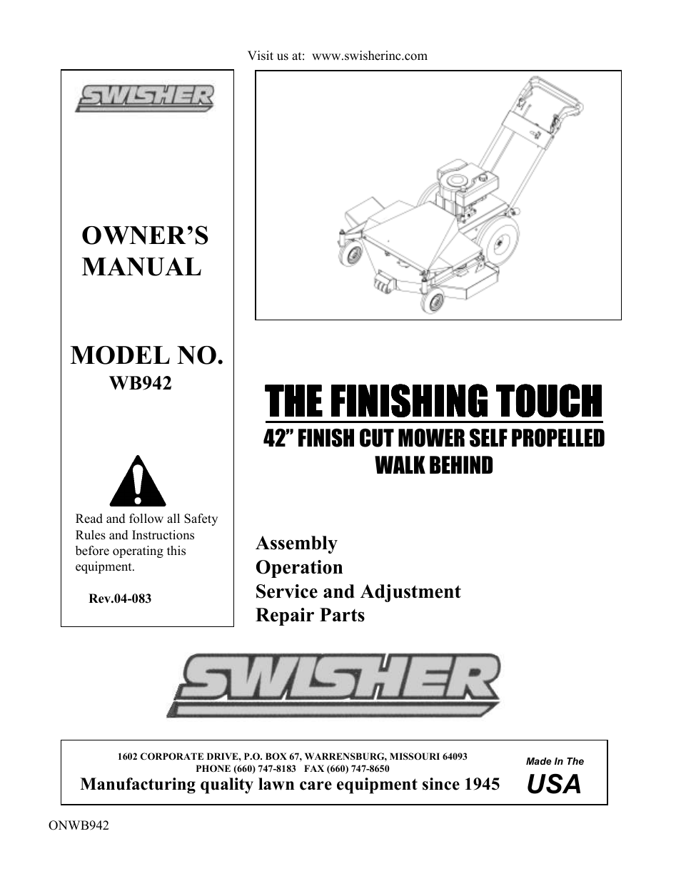 Swisher WB942 User Manual | 12 pages