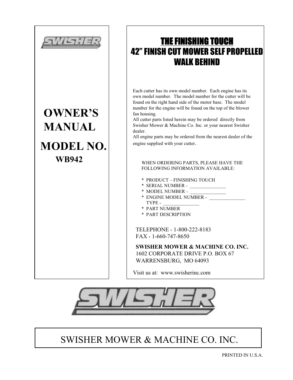 Owner’s manual model no, Swisher mower & machine co. inc | Swisher WB942 User Manual | Page 12 / 12