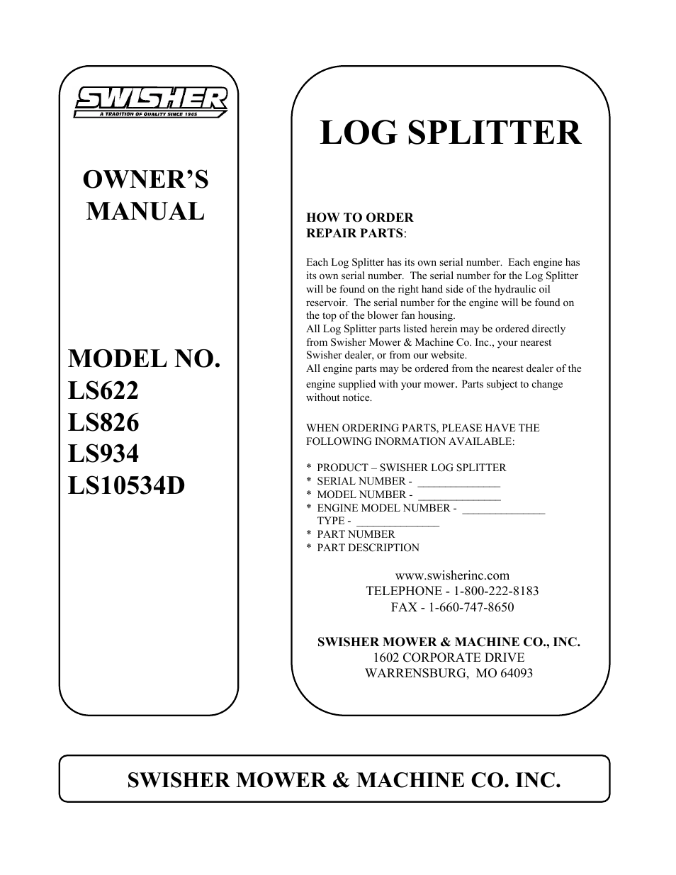 Log splitter, Swisher mower & machine co. inc | Swisher LS934 User Manual | Page 16 / 16