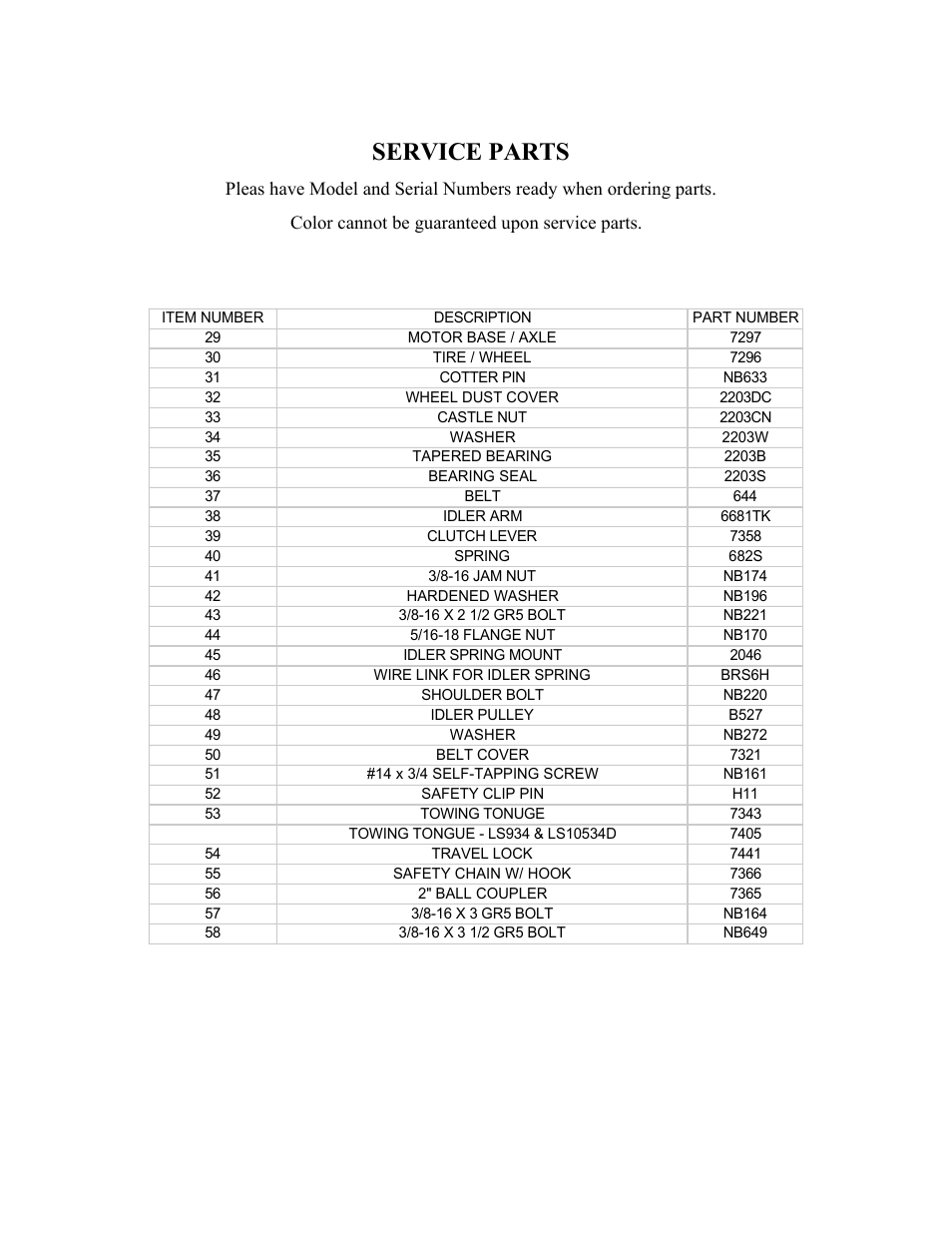 Service parts | Swisher LS934 User Manual | Page 5 / 16