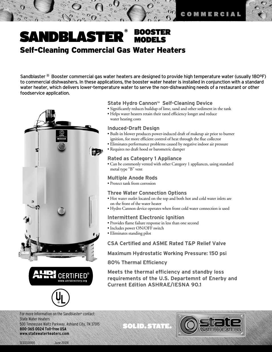 State Industries SANDBLASTER Self-Cleaning Commercial Gas Water Heaters User Manual | 2 pages