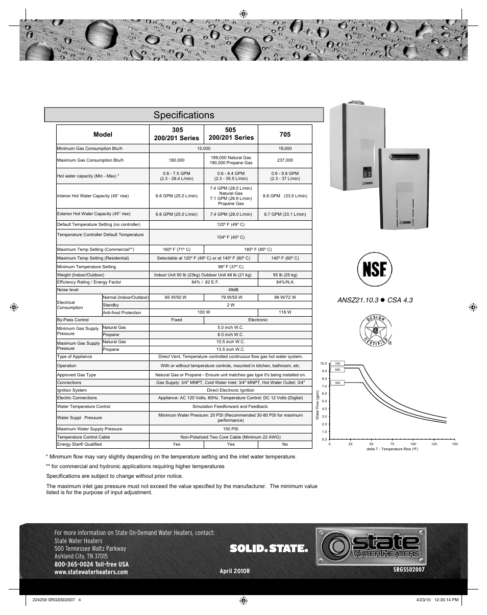 Specifications, April 2010r | State Industries 705 Exterior User Manual | Page 4 / 4