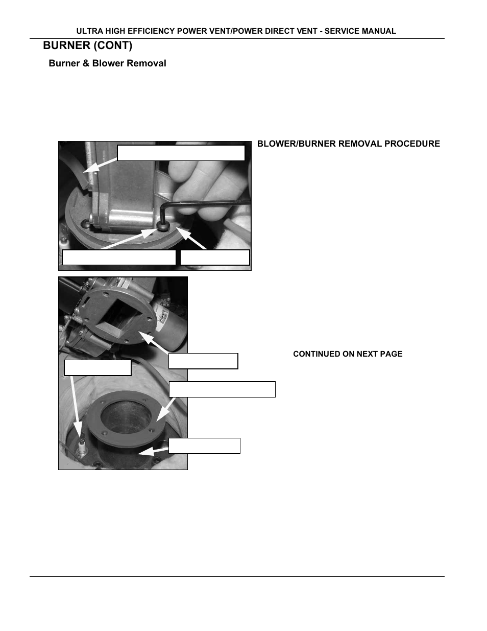 Burner & blower removal, Burner (cont) | State Industries GP650YTPDT User Manual | Page 13 / 54