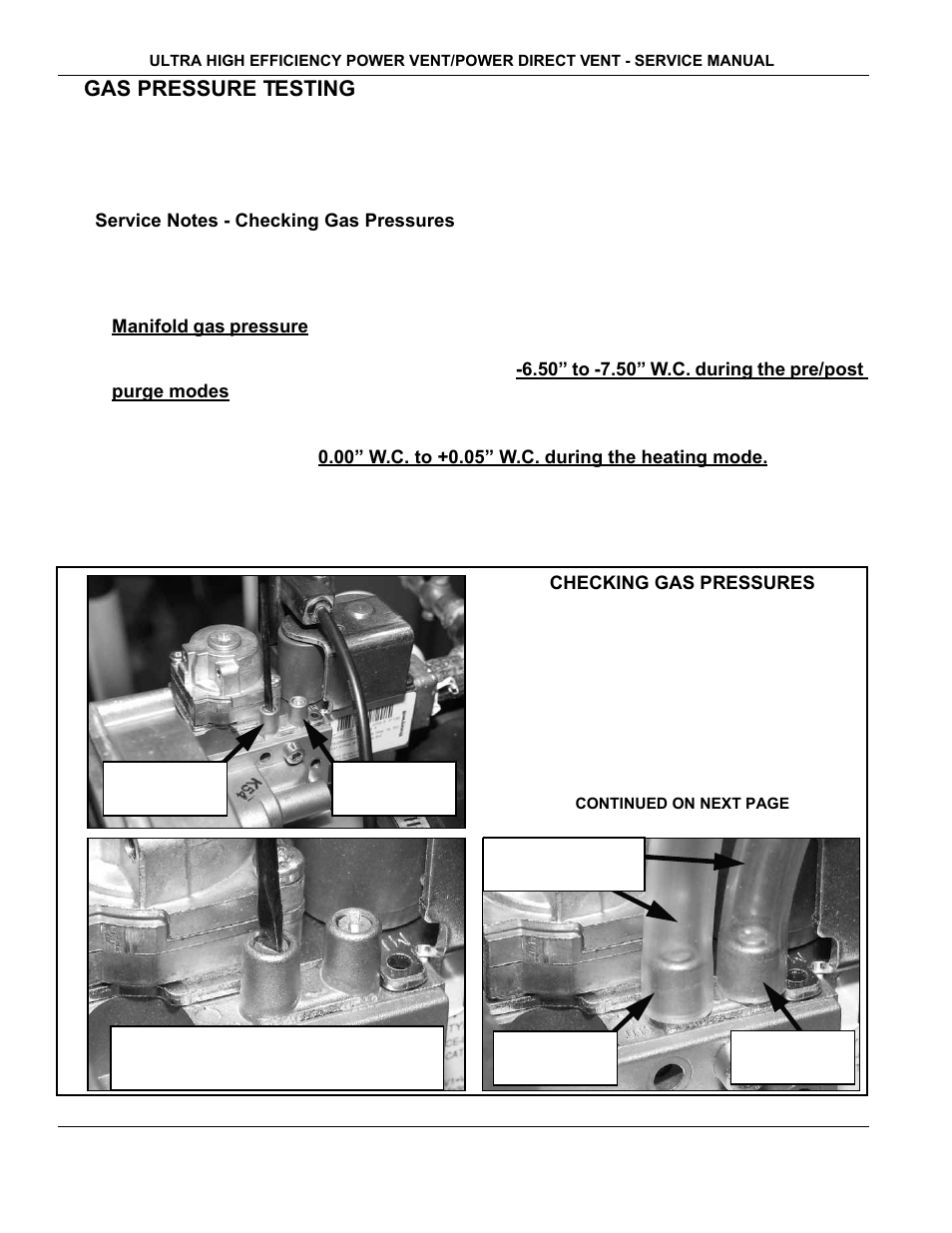Gas pressure testing, Service notes - checking gas pressures | State Industries GP650YTPDT User Manual | Page 17 / 54