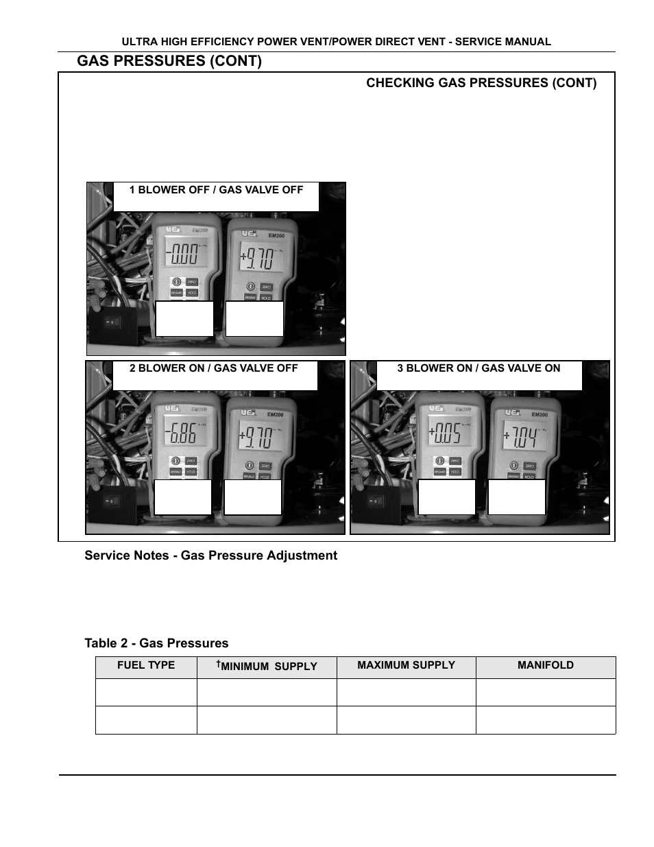 Gas pressure readings, Service notes - gas pressure adjustment, Table 2 - gas pressure requirements | Gas pressures (cont) | State Industries GP650YTPDT User Manual | Page 18 / 54
