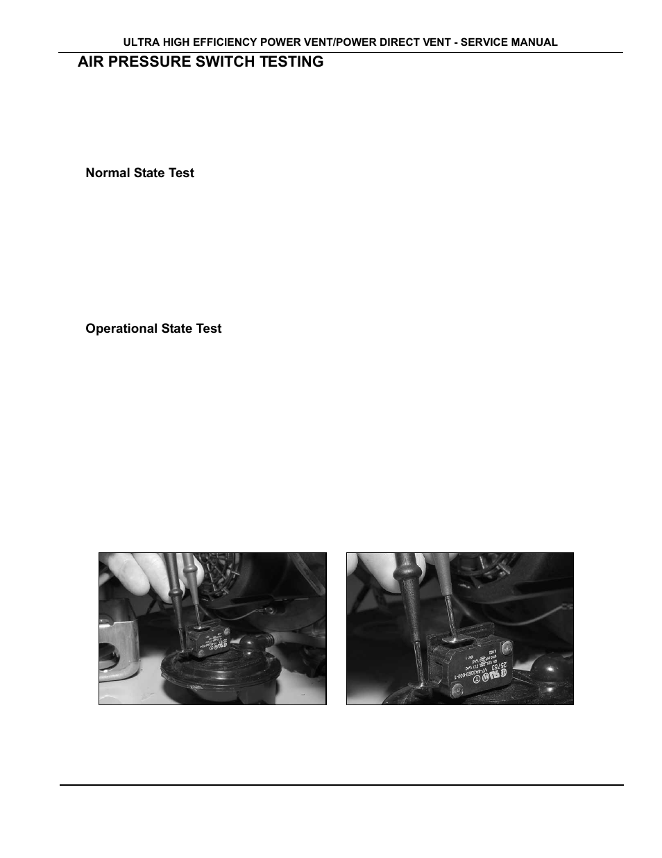 Air pressure switch testing, Normal state test, Operational state test | State Industries GP650YTPDT User Manual | Page 22 / 54