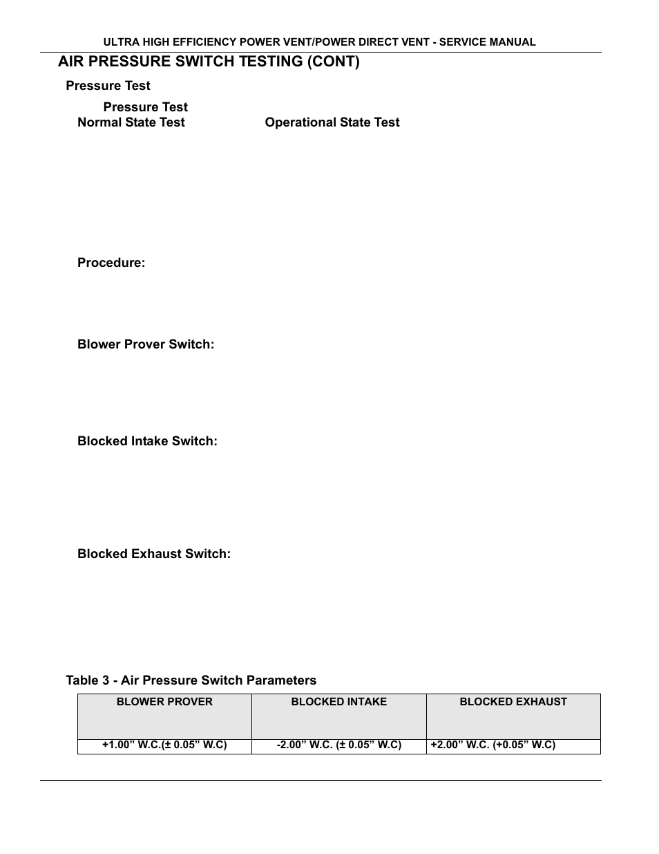 Pressure test, Table 3 - air pressure switch parameters, Air pressure switch testing (cont) | State Industries GP650YTPDT User Manual | Page 23 / 54