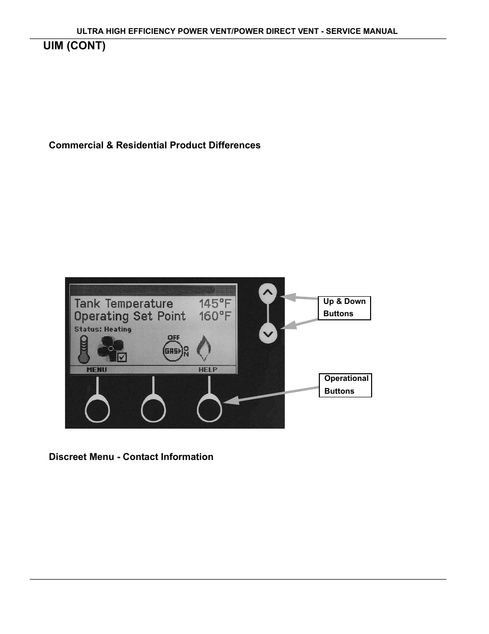 Commercial & residential product differences, Discreet menu - contact information, Uim (cont) | Uim - user interface module display | State Industries GP650YTPDT User Manual | Page 29 / 54