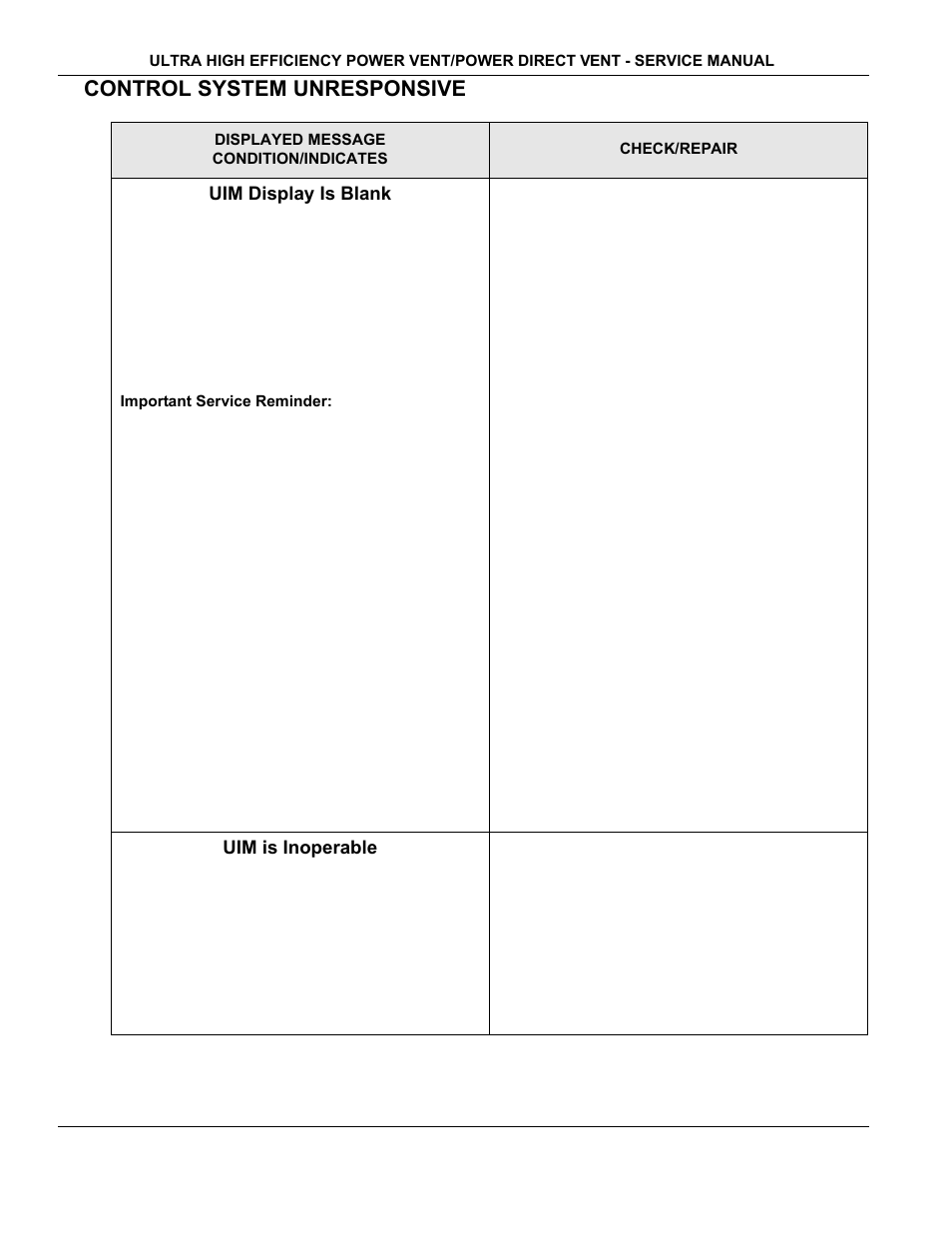 Uim is blank, Uim is inoperable, Control system unresponsive | State Industries GP650YTPDT User Manual | Page 43 / 54