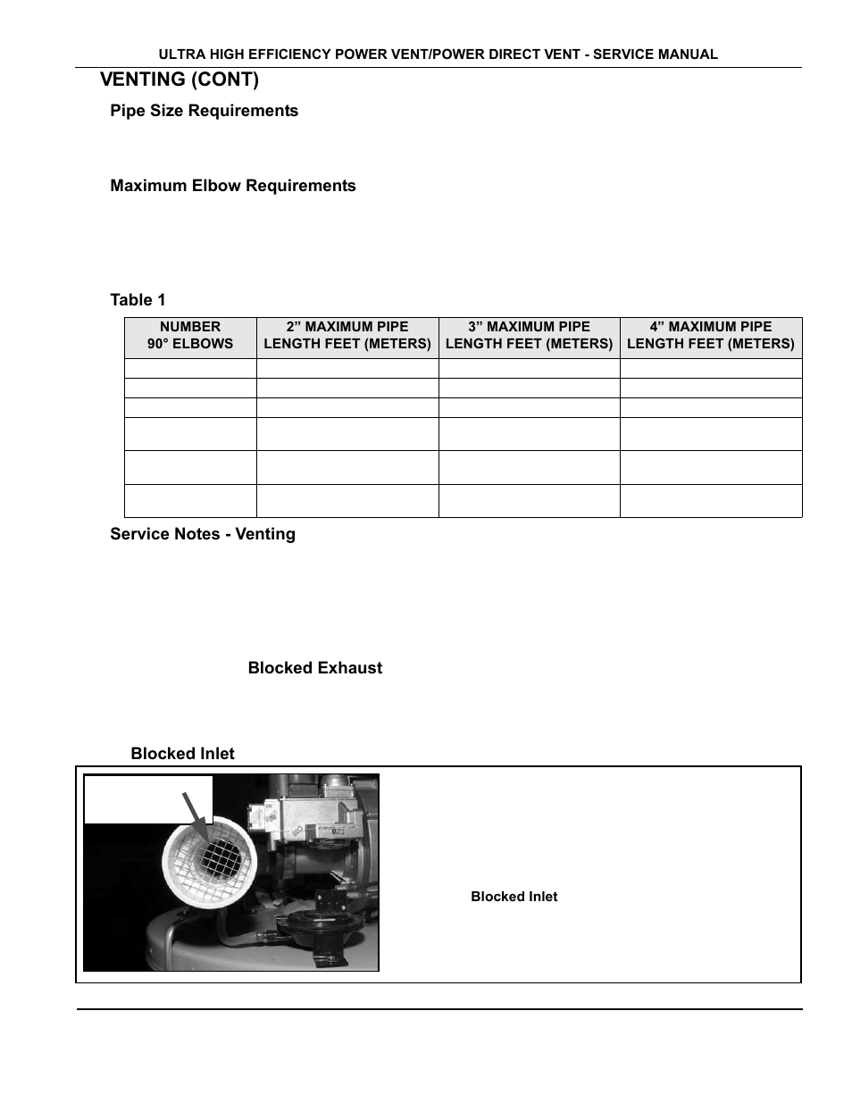 Pipe size requirements, Maximum elbow requirements, Table 1 - venting | Service notes - venting, Venting (cont) | State Industries GP650YTPDT User Manual | Page 8 / 54