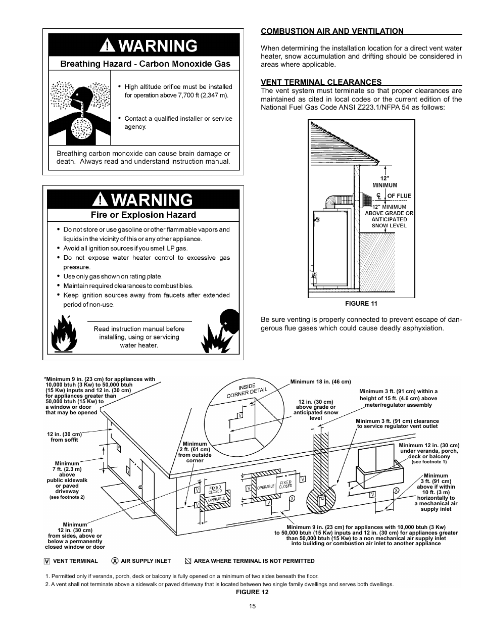 Combustion air and ventilation, Vent terminal clearances | State Industries 186589-001 User Manual | Page 15 / 32