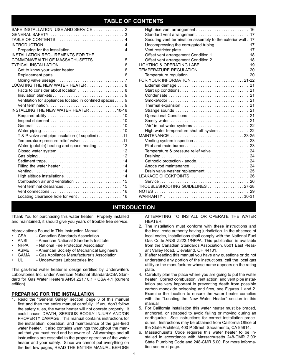 Table of contents introduction | State Industries 186589-001 User Manual | Page 4 / 32