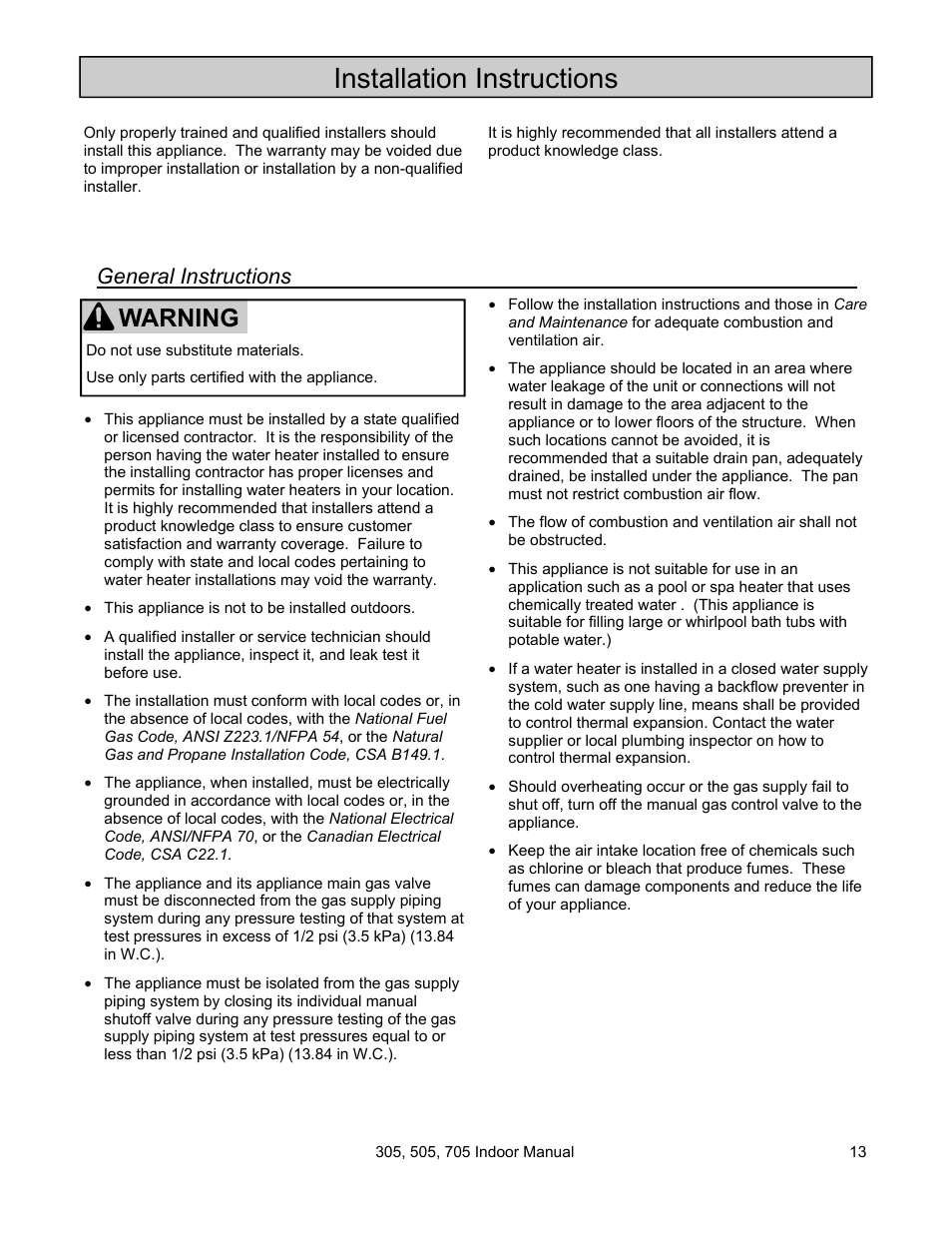 Installation instructions, Warning, General instructions | State Models: 305 User Manual | Page 13 / 40