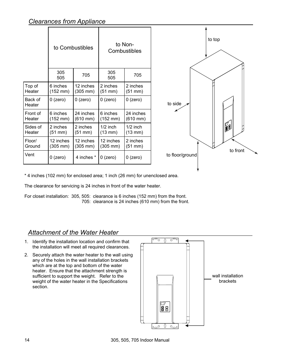 Clearances from appliance, Attachment of the water heater | State Models: 305 User Manual | Page 14 / 40