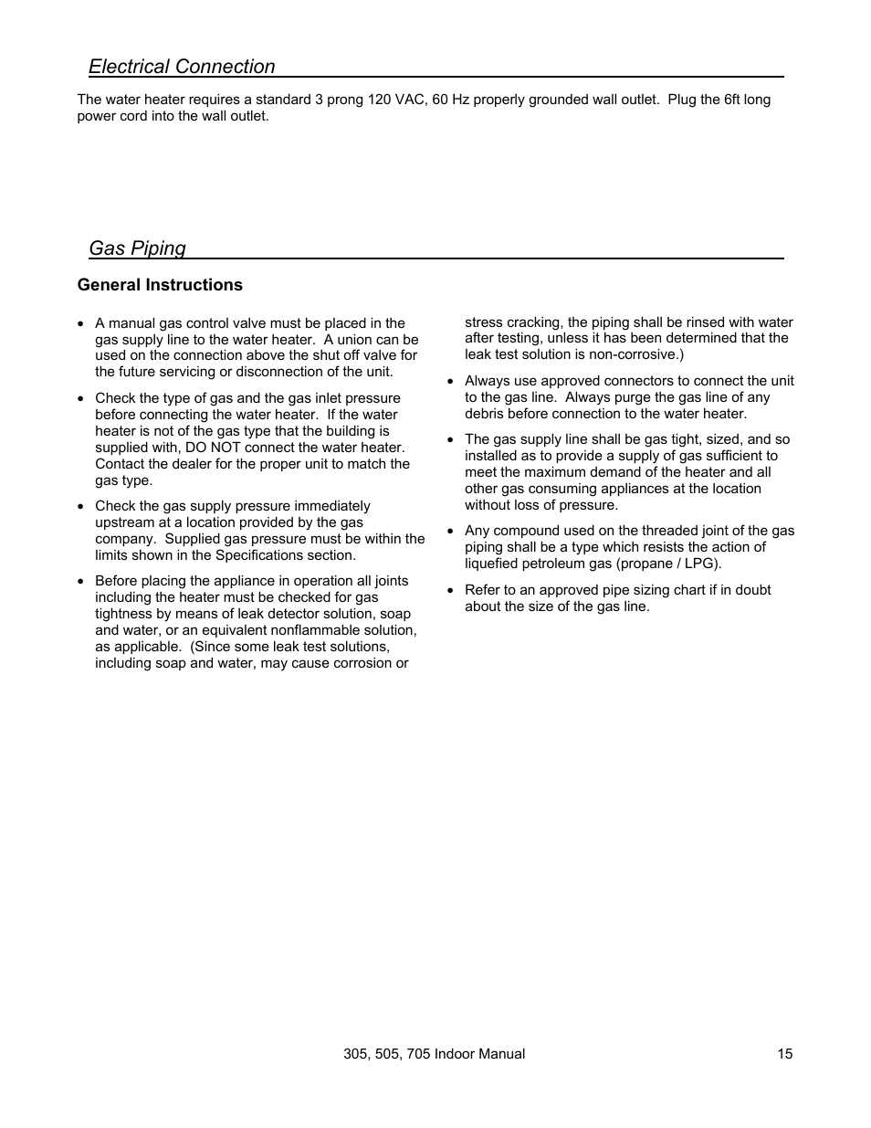 Gas piping, Electrical connection | State Models: 305 User Manual | Page 15 / 40