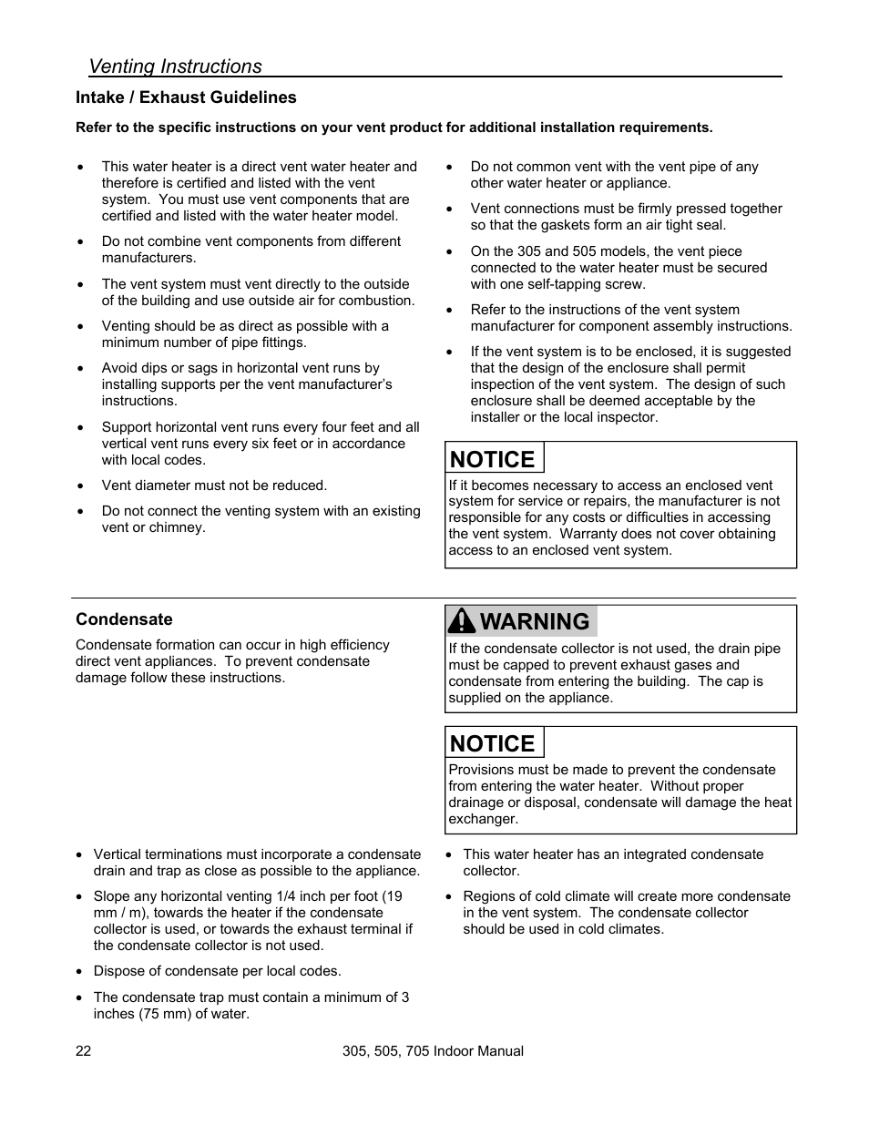 Notice, Warning, Venting instructions | State Models: 305 User Manual | Page 22 / 40