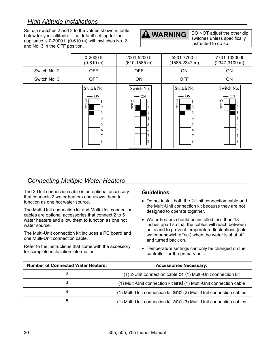 Warning, High altitude installations, Connecting multiple water heaters | State Models: 305 User Manual | Page 30 / 40