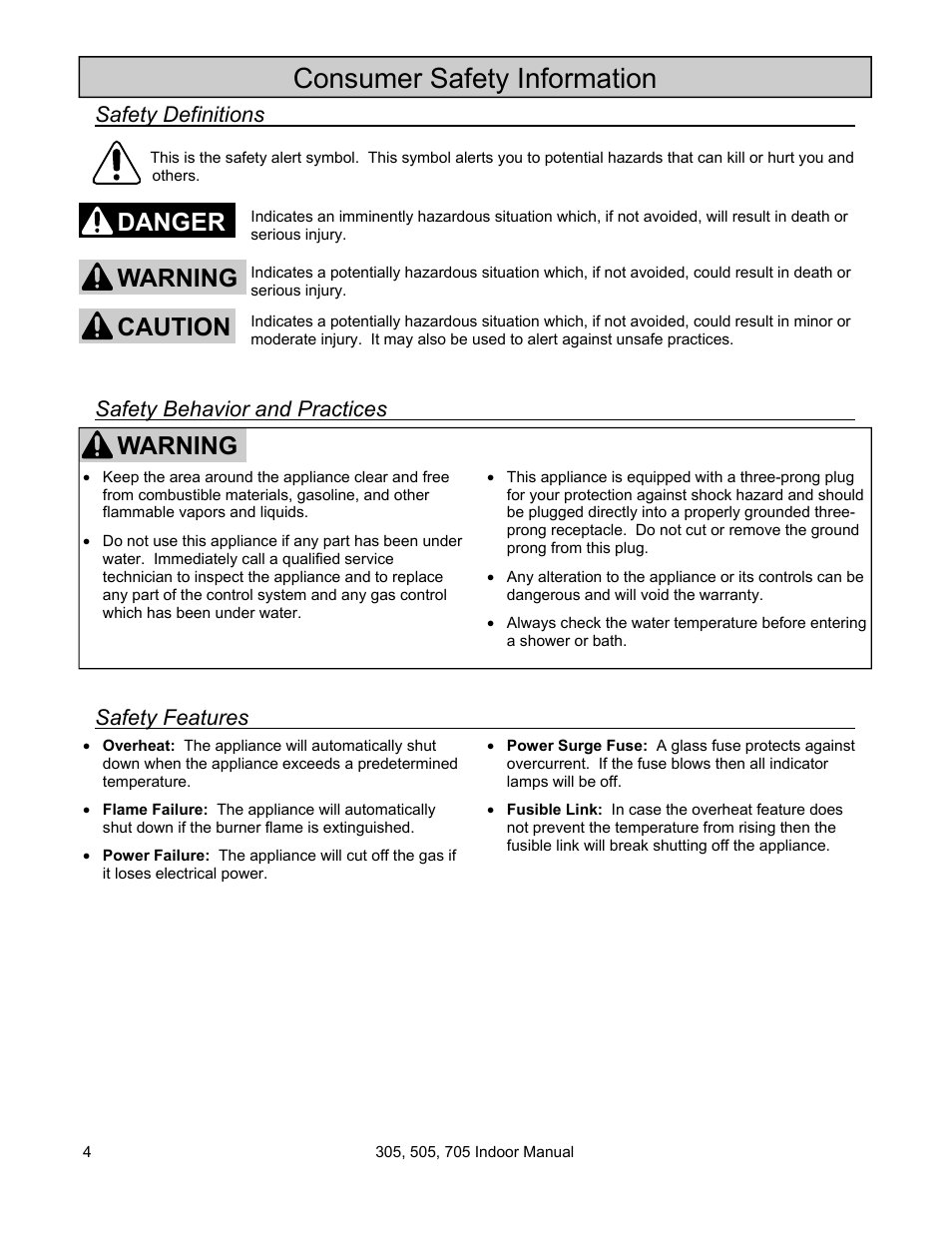 Consumer safety information, Warning, Danger caution warning | State Models: 305 User Manual | Page 4 / 40