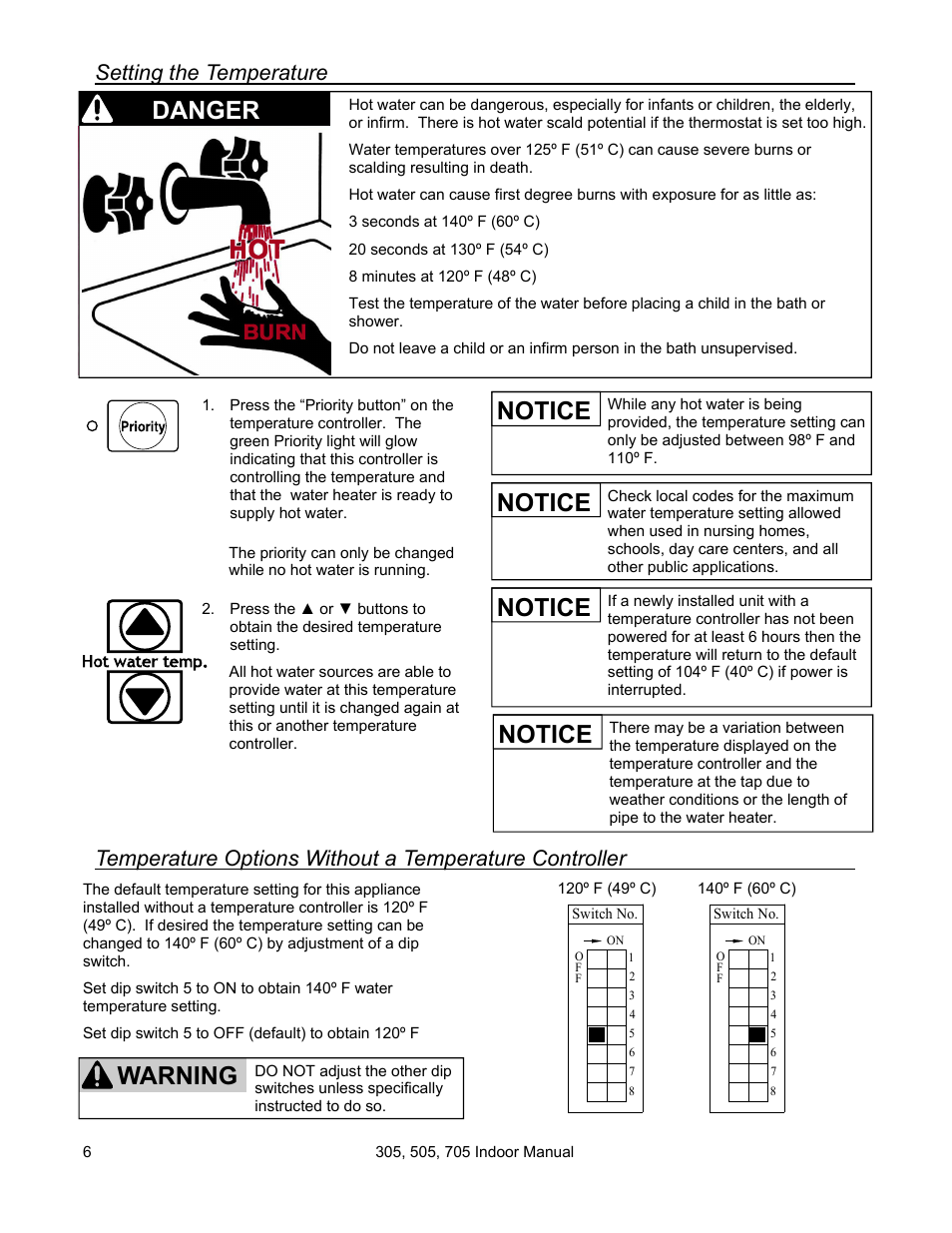 Notice danger, Notice warning, Notice | Setting the temperature | State Models: 305 User Manual | Page 6 / 40