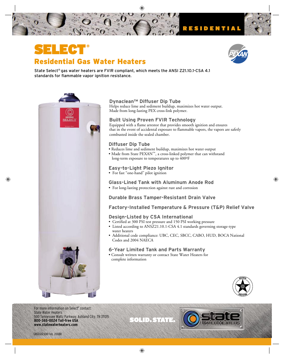 State Industries PREMIER Residential Gas Water Heaters User Manual | 2 pages