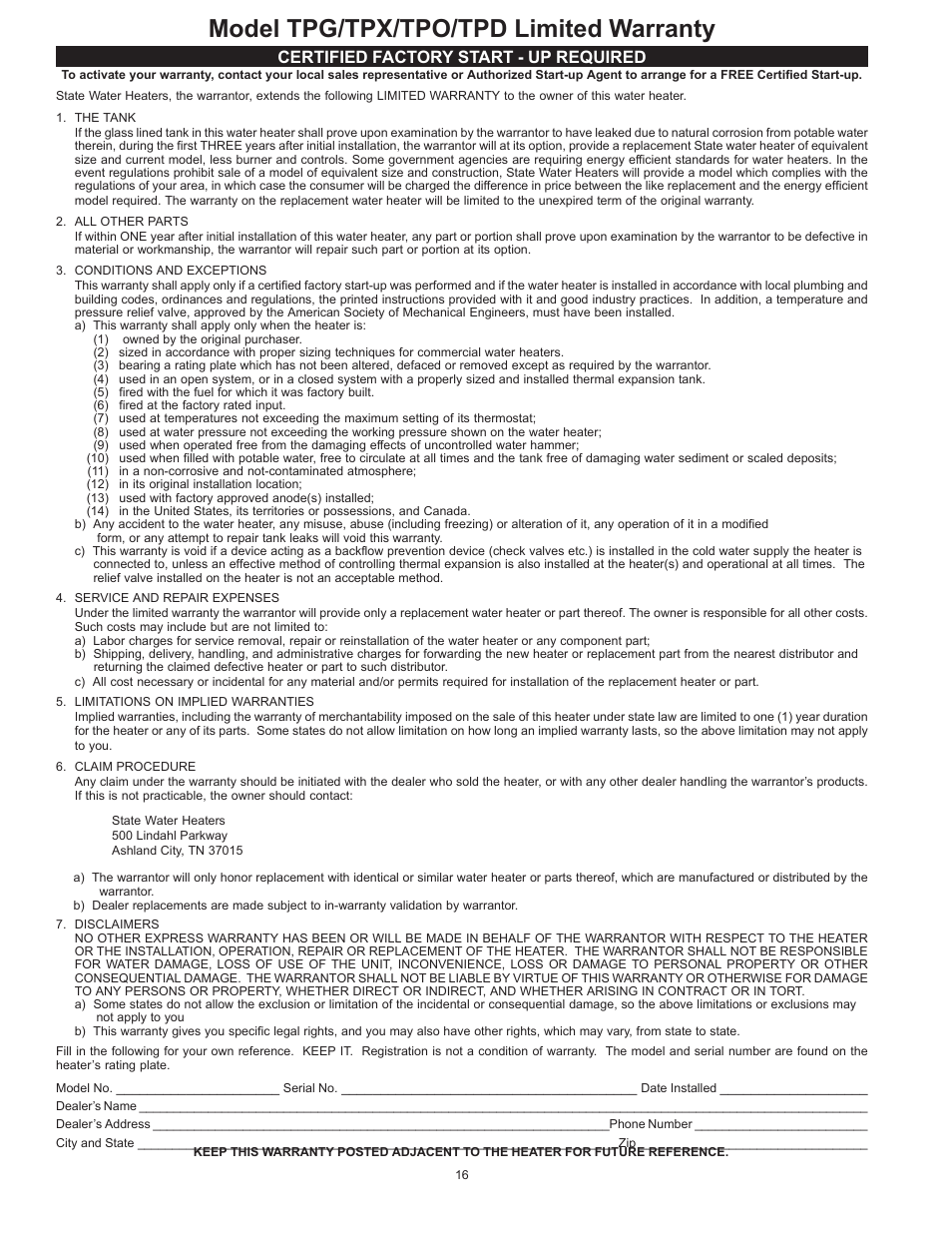 Model tpg/tpx/tpo/tpd limited warranty, Certified factory start - up required | State TPG 150 140 NEA User Manual | Page 16 / 16