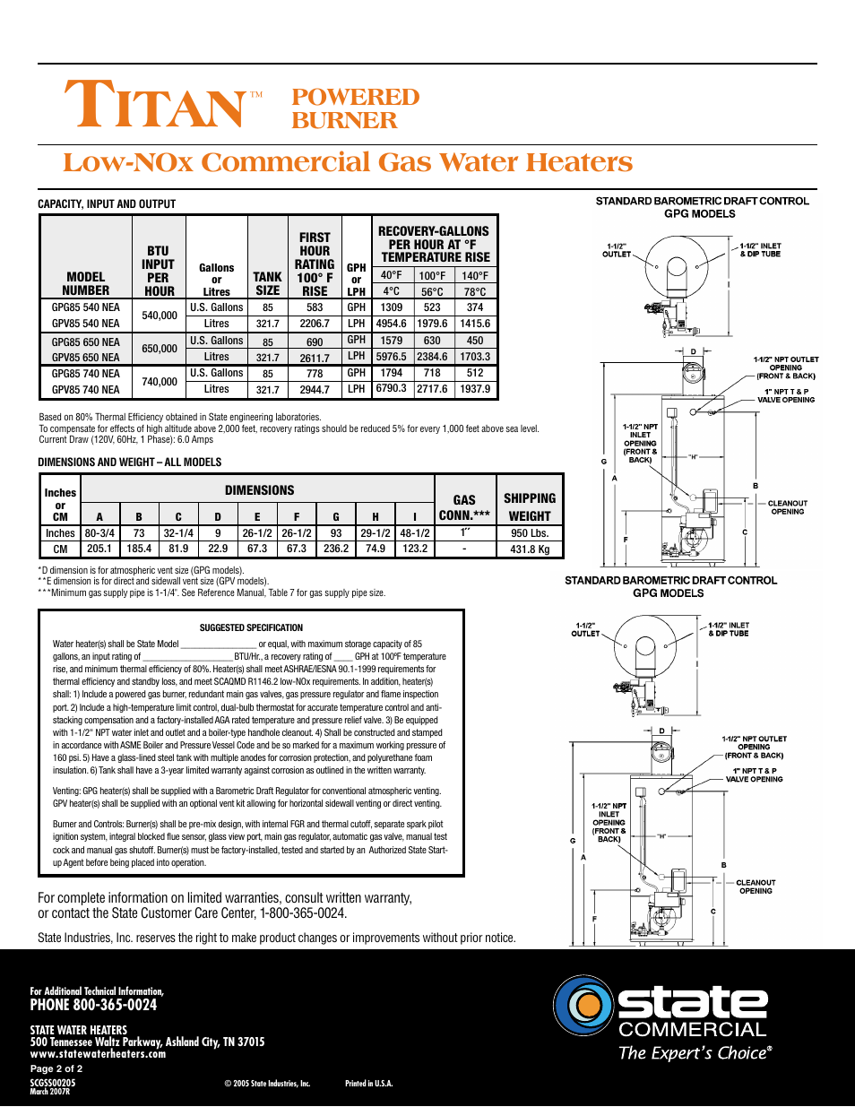 Itan, Low-nox commercial gas water heaters, Powered burner | State Industries GPV85 540 NEA User Manual | Page 2 / 2