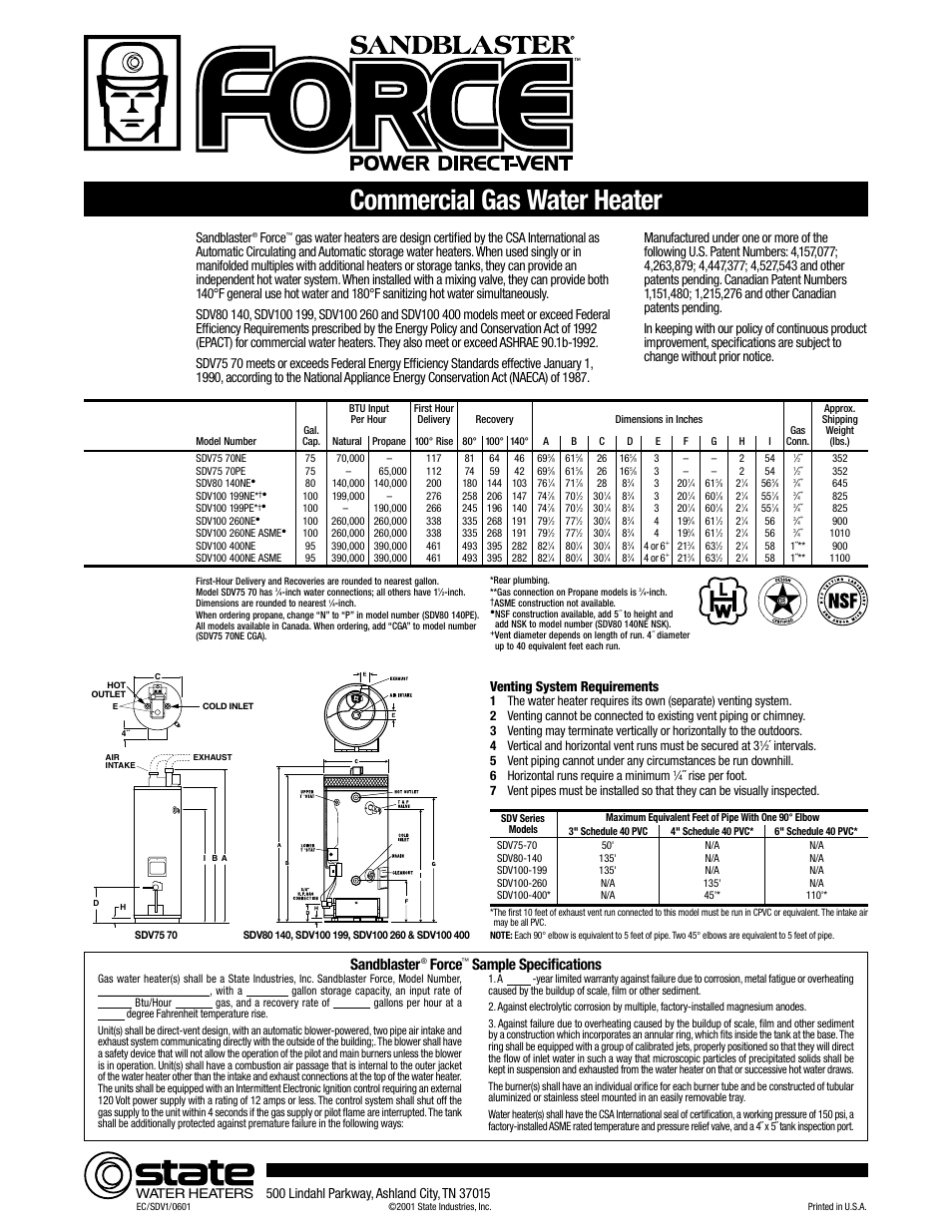 Commercial gas water heater, Sample specifications, Sandblaster | Force, Venting system requirements, Water heaters | State Industries SDV80-140 User Manual | Page 2 / 2