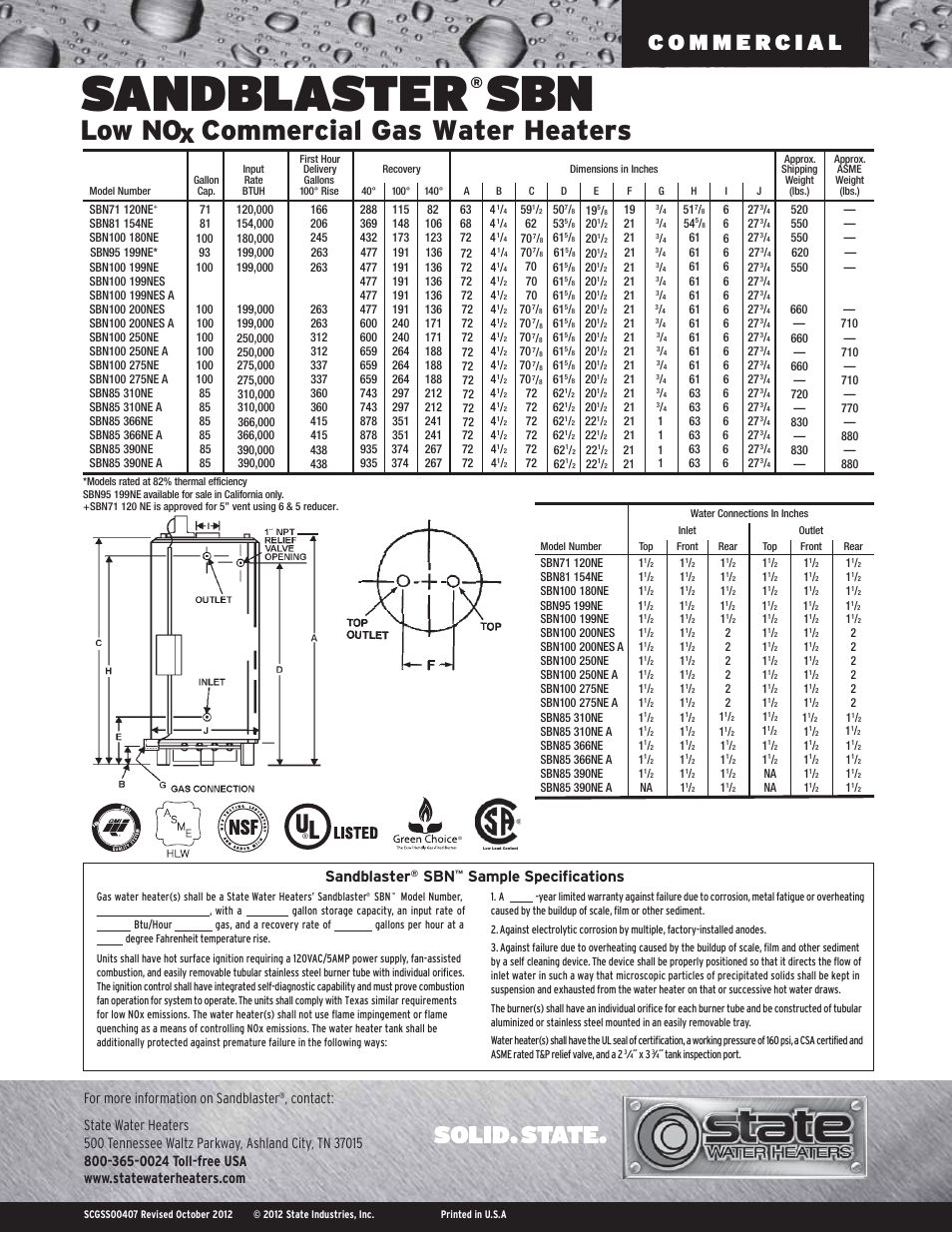 Sandblaster sbn, Low no commercial gas water heaters x, Sandblaster | Sample specifications, For more information on sandblaster | State Industries Sandblaster SCGSS00407 User Manual | Page 2 / 2