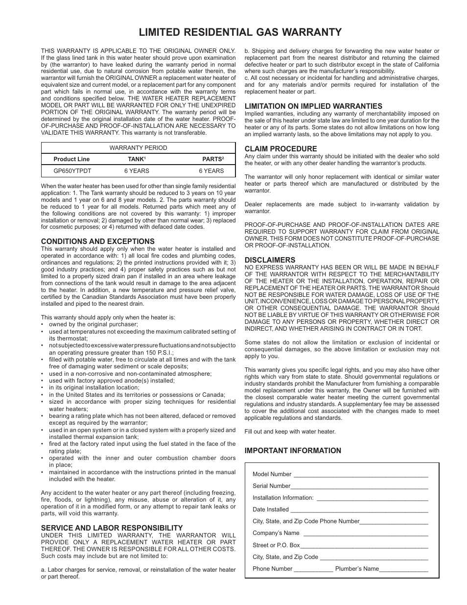 Limited residential gas warranty | State Industries GP650HTPDT User Manual | Page 43 / 44