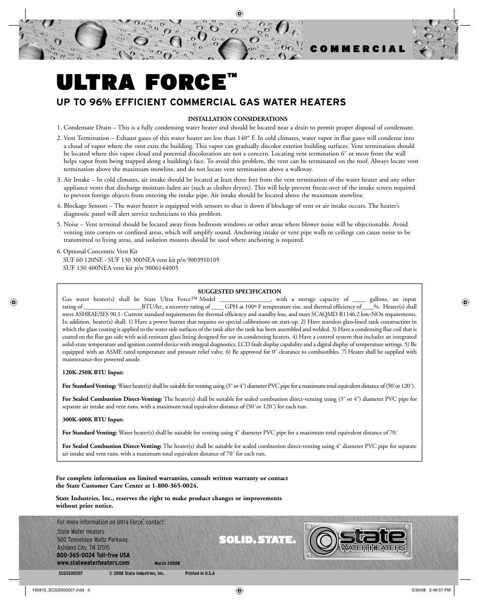 Ultra force | State Industries SUF 100 250NE User Manual | Page 4 / 4