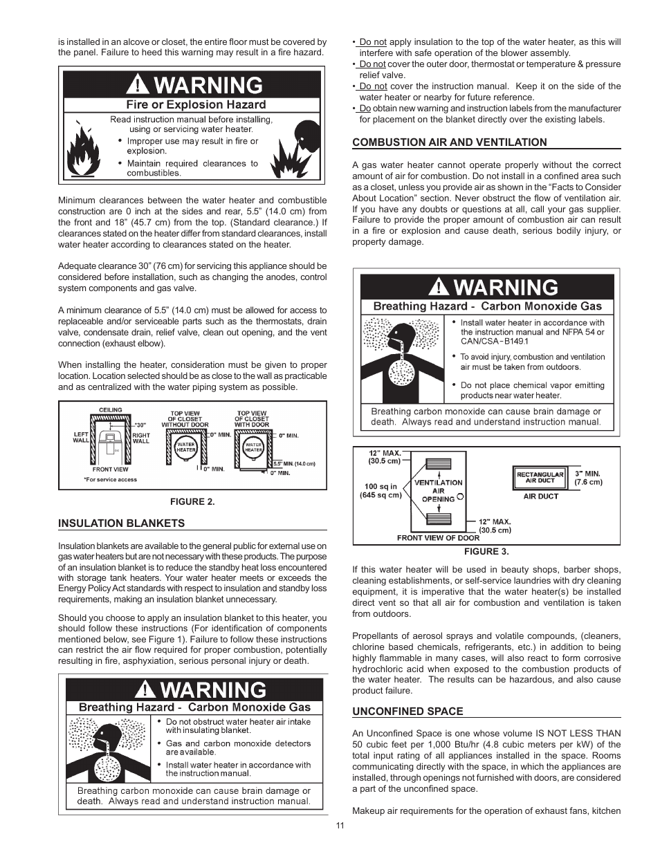 Insulation blankets, Combustion air and ventilation, Unconfined space | State SHE50 100 User Manual | Page 11 / 60