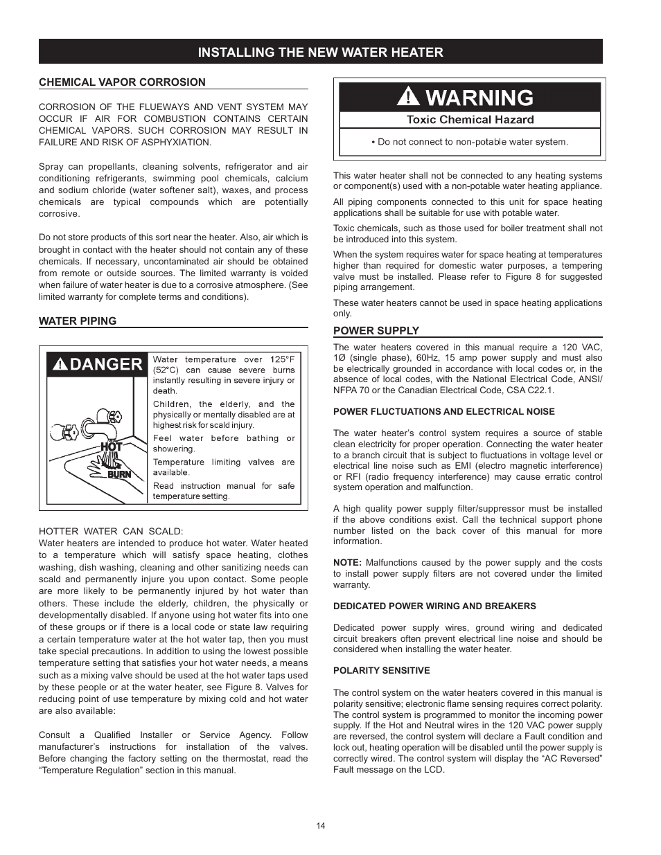 Chemical vapor corrosion, Water piping, Power supply | Installing the new water heater, Chemical vapor corrosion water piping power supply | State SHE50 100 User Manual | Page 14 / 60