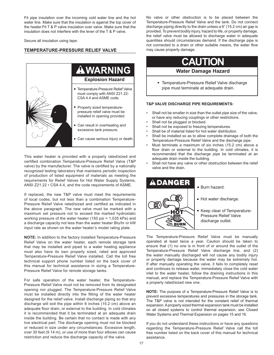 Temperature-pressure relief valve, Caution, Water damage hazard | State SHE50 100 User Manual | Page 17 / 60