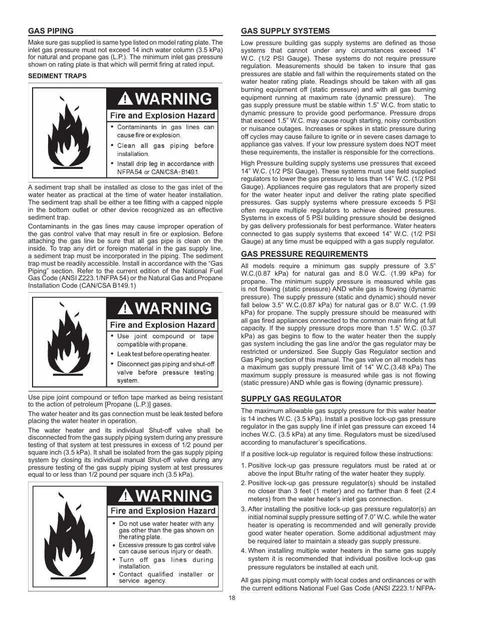 Gas piping, Gas supply systems, Gas pressure requirements | Supply gas regulator | State SHE50 100 User Manual | Page 18 / 60