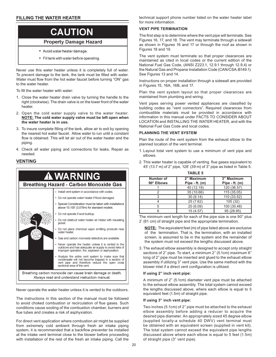 Filling the water heater, Venting, Filling the water heater venting | State SHE50 100 User Manual | Page 20 / 60