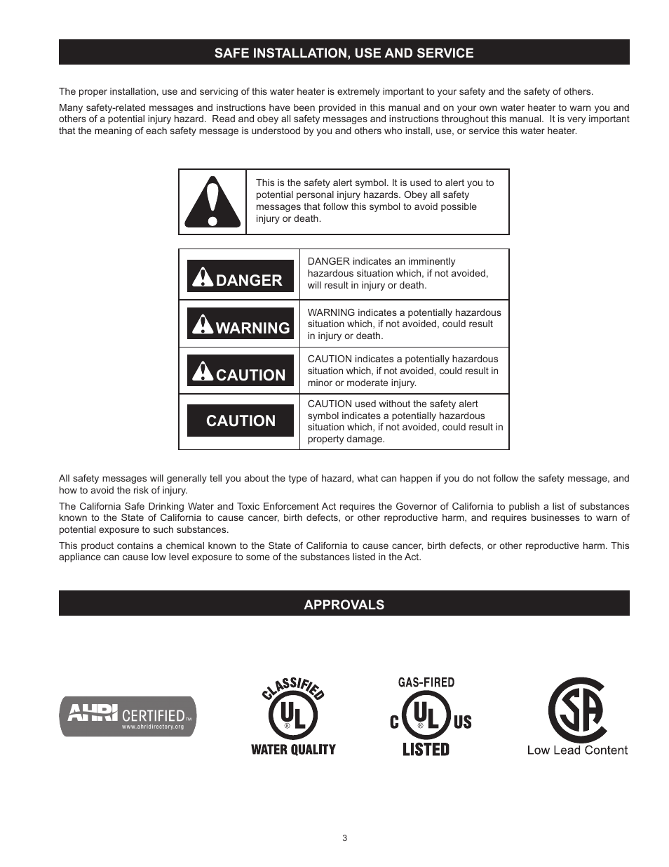 Safe installation, use and service, Approvals, Safe installation, use and service approvals | Danger warning caution caution | State SHE50 100 User Manual | Page 3 / 60