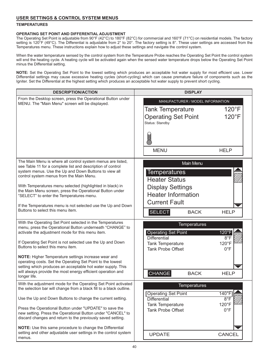 User settings & control system menus | State SHE50 100 User Manual | Page 40 / 60