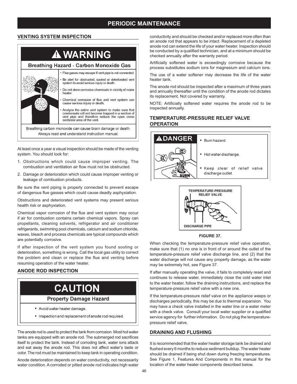 Periodic maintenance, Venting system inspection, Anode rod inspection | Temperature-pressure relief valve operation, Draining and flushing | State SHE50 100 User Manual | Page 46 / 60