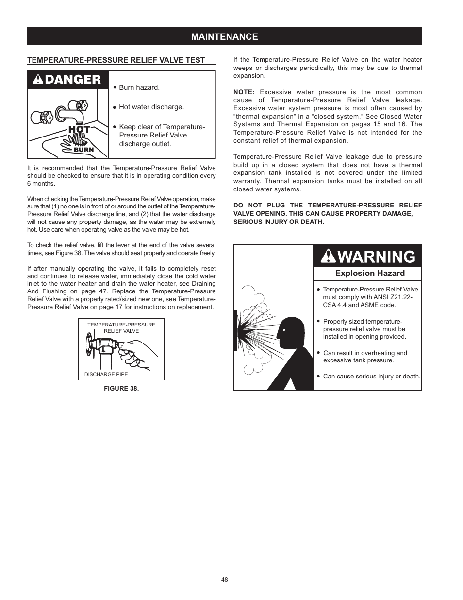 Maintenance, Temperature-pressure relief valve test, Explosion hazard | State SHE50 100 User Manual | Page 48 / 60